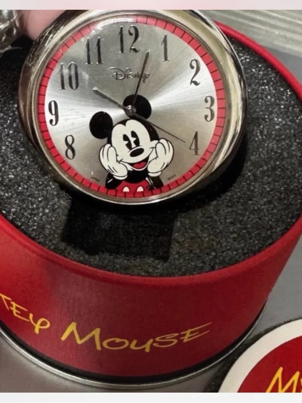 Disney Mickey Mouse Silver Pocket Watch with Red Gift Tin